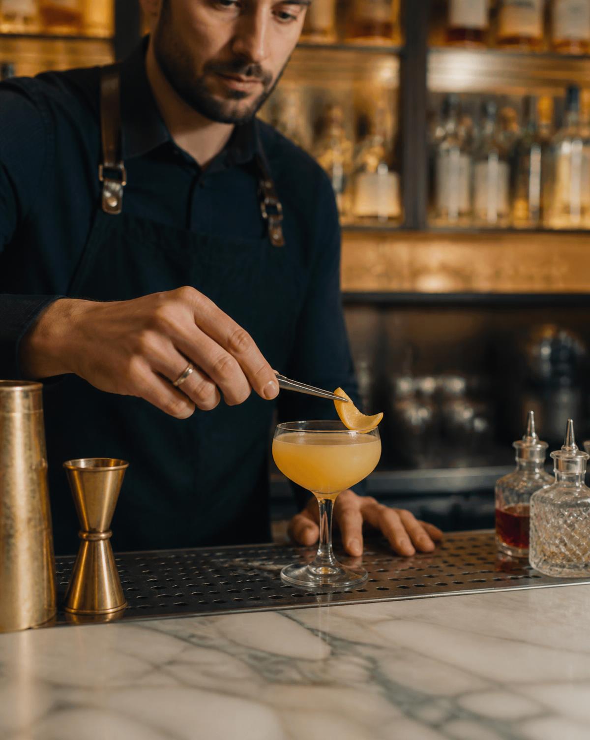 Barman finissant un cocktail au comptoir