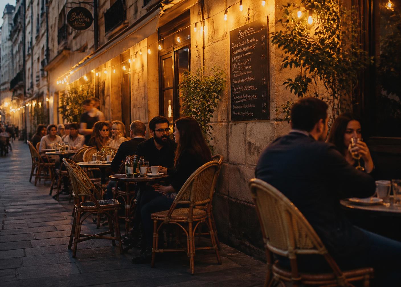 Terrasse du restaurant en début de soirée avec guirlandes lumineuses